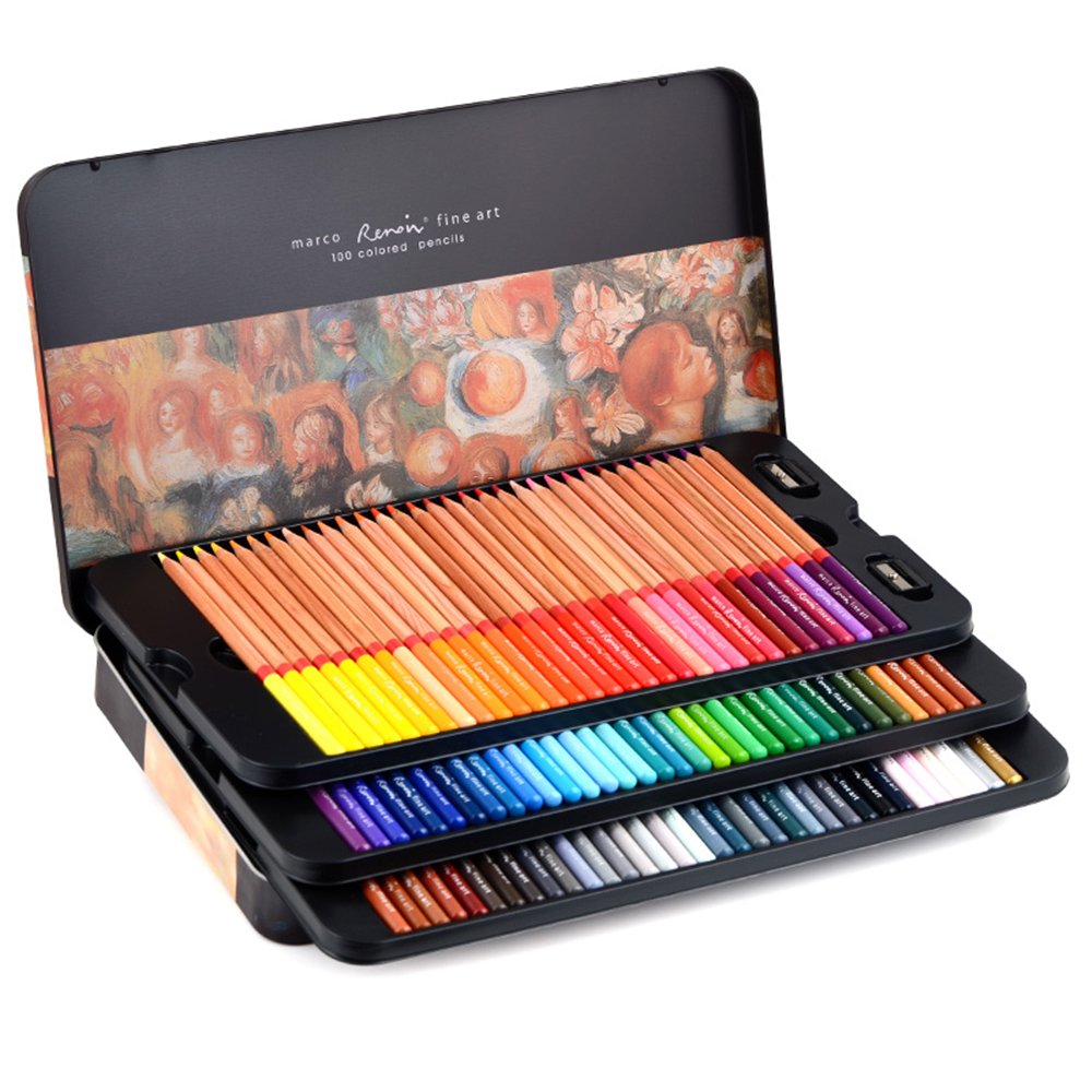 Newdoer Marco Renoir 100 Colors Oil Colour Pencils for Drawing Sketching Artist with Pencil Tin Box Set
