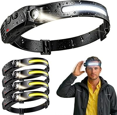4 Pcs Linterna Frontal, Frontal LED Recargable USB C, Linterna Cabeza, Sensor de Movimiento, 5 Modos de Luz, 230 °Ángulo, Luz Frontal Cabeza para Camping, Pescar, Senderismo, Mantenimiento Trabajo