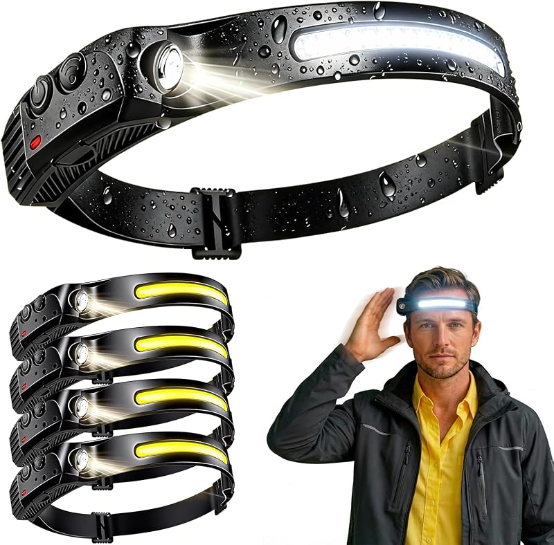 4 Pcs Linterna Frontal, Frontal LED Recargable USB C, Linterna Cabeza, Sensor de Movimiento, 5 Modos de Luz, 230 °Ángulo, Luz Frontal Cabeza para Camping, Pescar, Senderismo, Mantenimiento Trabajo — foto 1 de 8