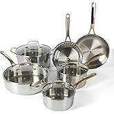 Martha Stewart Castelle 10 Piece 18/8 Durable Stainless Steel Induction Safe Pots and Pans Non-Toxic Kitchen Cookware Set - Gold Handles - Dishwasher Safe