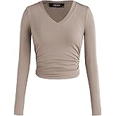CIDER Women's Long Sleeve Tops V Neck Ruched Crop Top Solid Rib Shirts Basic Tee for Spring Fall