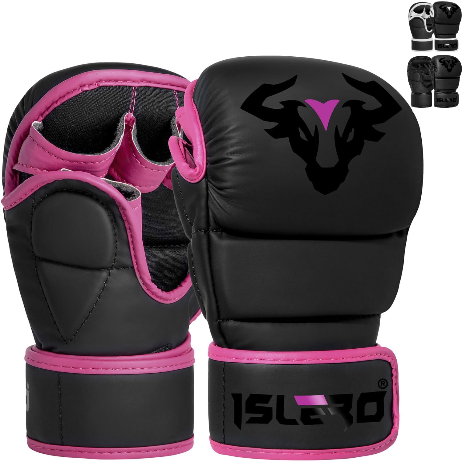 Islero Fitness Matte Black MMA Gloves Martial Arts Mitts Grappling Sparring Men Muay Thai Cage Fighting Boxing Combat Sports Women pink UFC Punching Bag Training (Pink, X-Large)