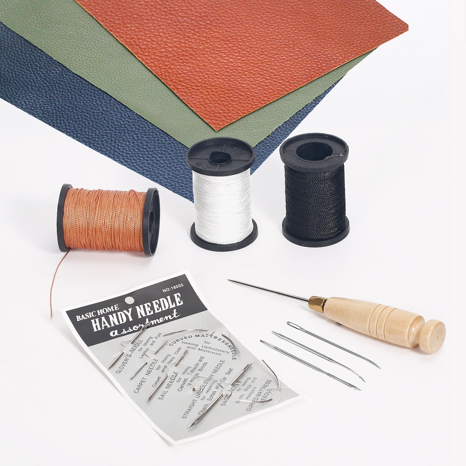 Nurkul 3-Spool Nylon Thread Sewing Kit, 80 Yards Each, Heavy Duty Needles (5 Straight, 2 Curved), Sewing Awl, Ideal for Upholstery, Leather, Shoes & DIY Crafts