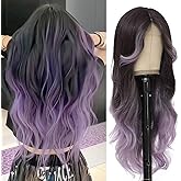 iluadme Black Light Purple Highlight Long Wavy Wig With Curtain Bang 26 Inch Ombre Ash Purple Wigs For Black Women Natural Heat Resistant Synthetic Fiber Middle Part Wig