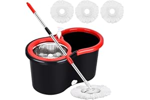PULNDA Mop and Bucket with Wringer Set, 360 Spin Mop and Bucket with 3 Replacement Heads, Stainless Steel Mop Bucket 61 Inch Adjustable Handle for Floor Cleaning