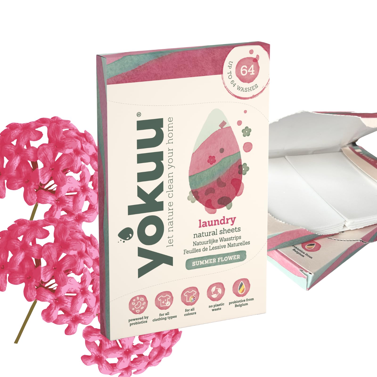 YOKUU Probiotische Reisewaschmittel Blätter | 64 Ladungen | Sommerblumen | Ökologische Waschblätter Schwarze & Weiße Wäsche | Ultra-Konzentriert, Vordosiert & Wasserlöslich