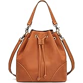 S-ZONE Genuine Leather Bucket Bags for Women Drawstring Crossbody Purses Shoulder Top Handle Handbags with 2 Straps
