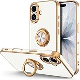 Hython for iPhone 17 Case with Ring Stand, 360° Rotatable Ring Holder Magnetic Kickstand, Plating Rose Gold Edge Soft Cover Protective Phone Case for iPhone 17 6.3", White