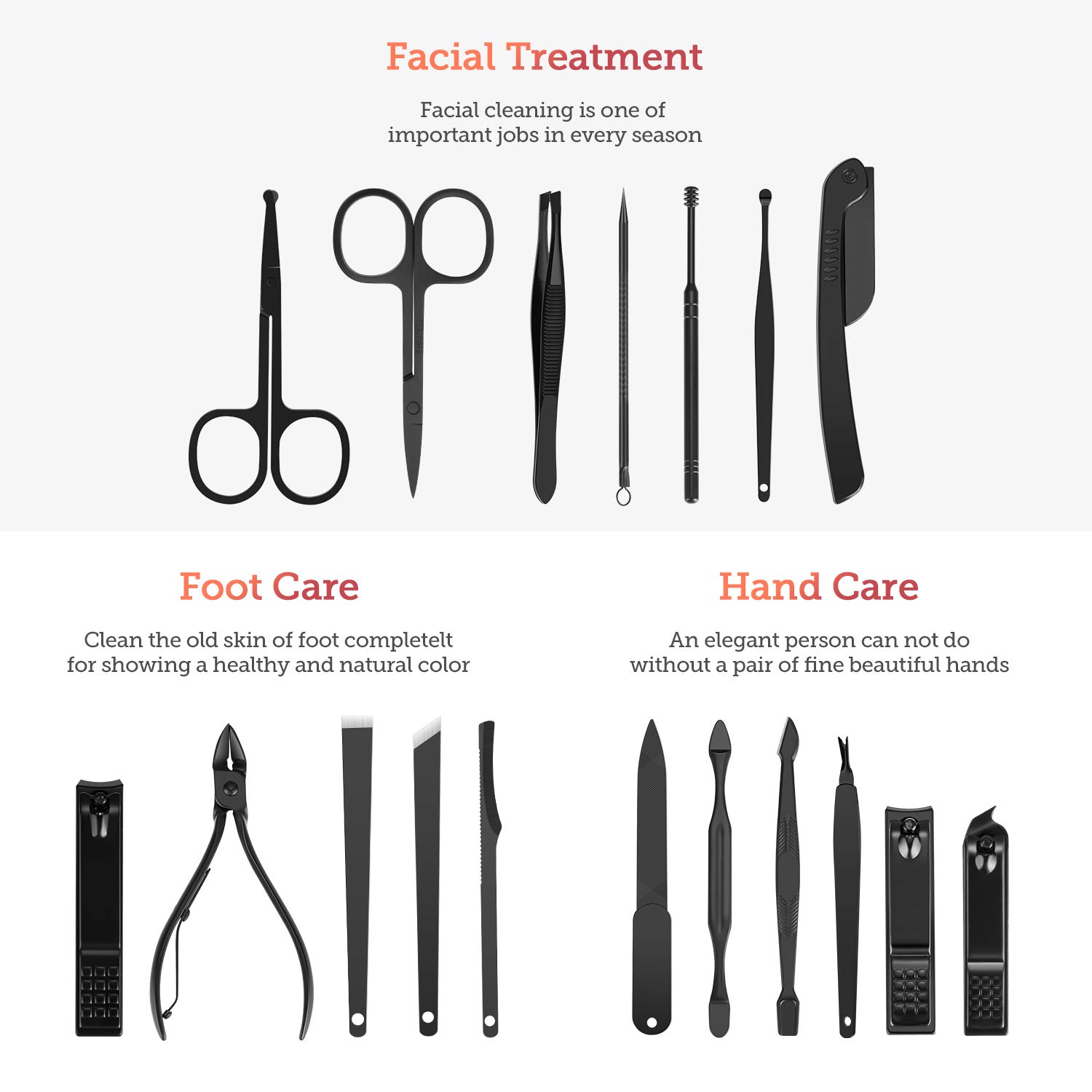 Vabogu Manicure Set, Pedicure Kit, Nail Clippers, Professional Grooming Kit, Nail Tools 18 In 1 with Luxurious Travel Case For Men and Women 2020 Upgraded Version, Black : Beauty