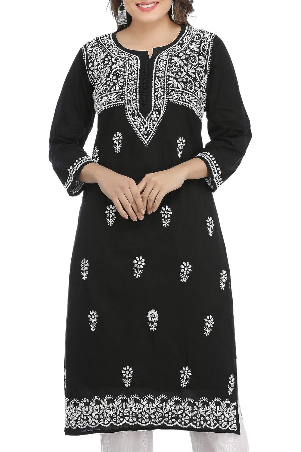 ada hand embroidered lucknow chikan womens cotton kurti kurta (a341075_black)