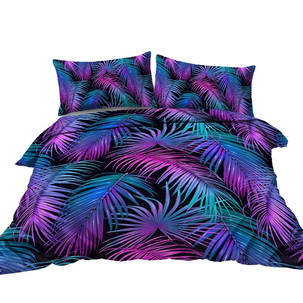 BlessLiving Palm Leaf Bedding Neonl Tropical Leaves on Black Duvet Cover Set 3 Piece Girly Modern Bedspreads King Size Pink Teal Purple and Blue