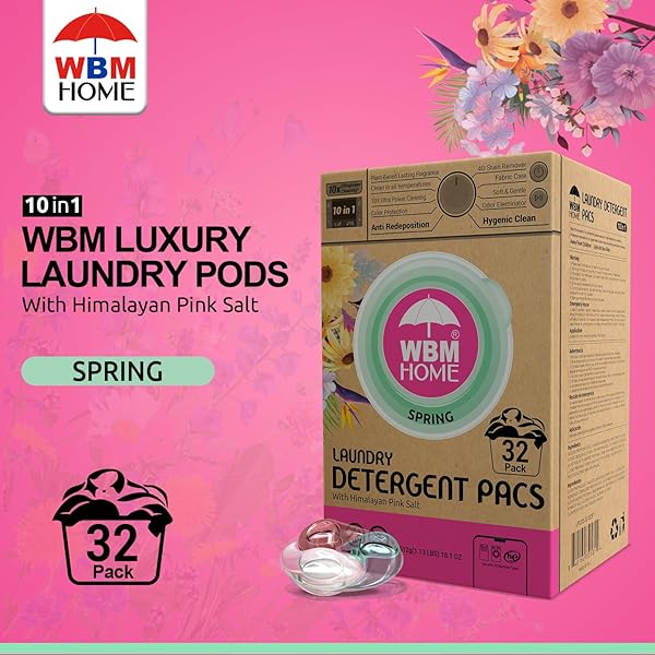 WBM HOME LAUNDRY DETERGENT PODS, SPRING FRAGRANCE SCENT, 32 COUNT – HE CONCENTRATED LAUNDRY PODS WITH 10X ULTRA POWER CLEANING AND 4D LAUNDRY STAIN REMOVER