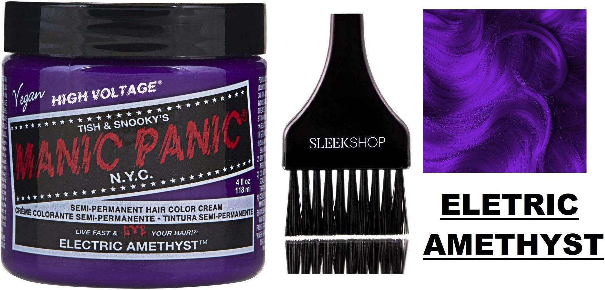 MANIC PANIC CLASSIC Semi-Permanent HAIR COLOR Cream N.Y.C. (w/Sleek Tint Brush) Tish & Snooky's VEGAN High Voltage Haircolor Dye 4 oz / 118 ml (Electric Amethyst)