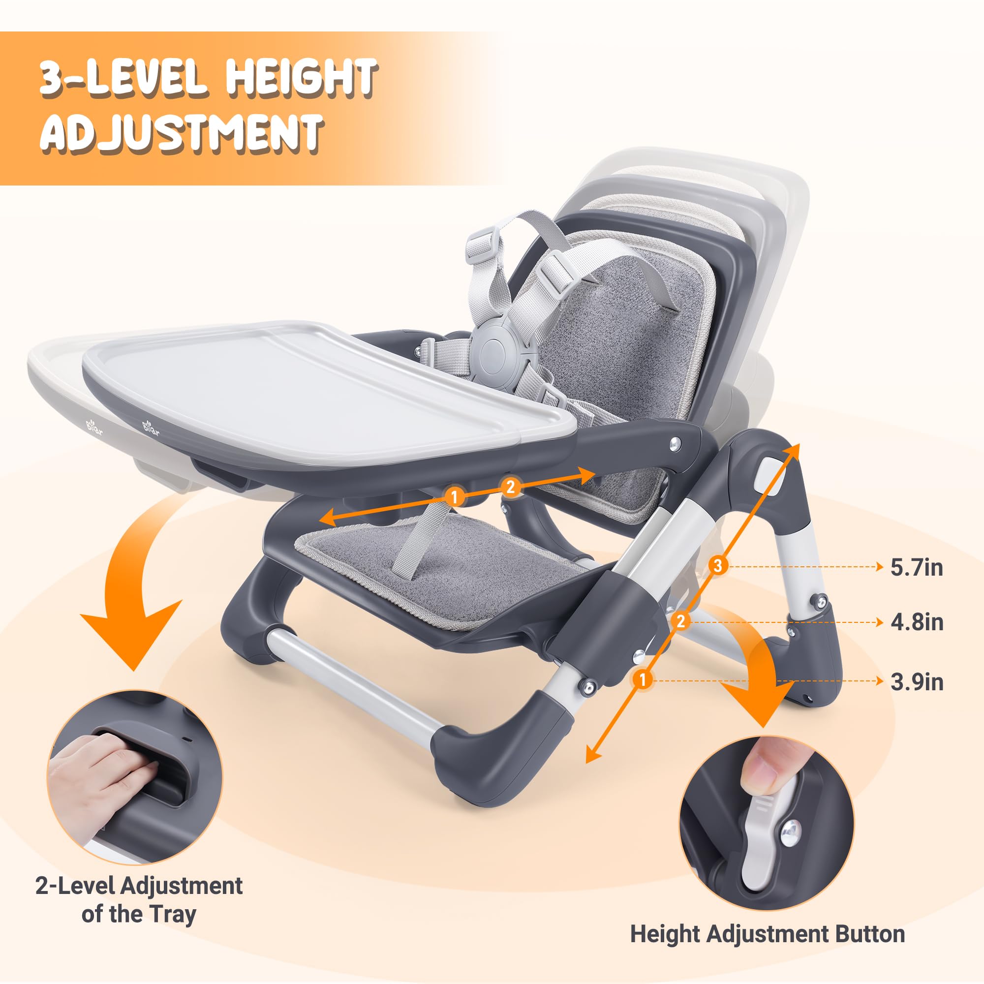 Bear Booster Seat for Kitchen Chairs, Portable High Chair for Babies 6–24 Months, Adjustable 3-Level Foldable Booster with Removable Tray, Ideal for Home, Outdoor, Camping, and Travel