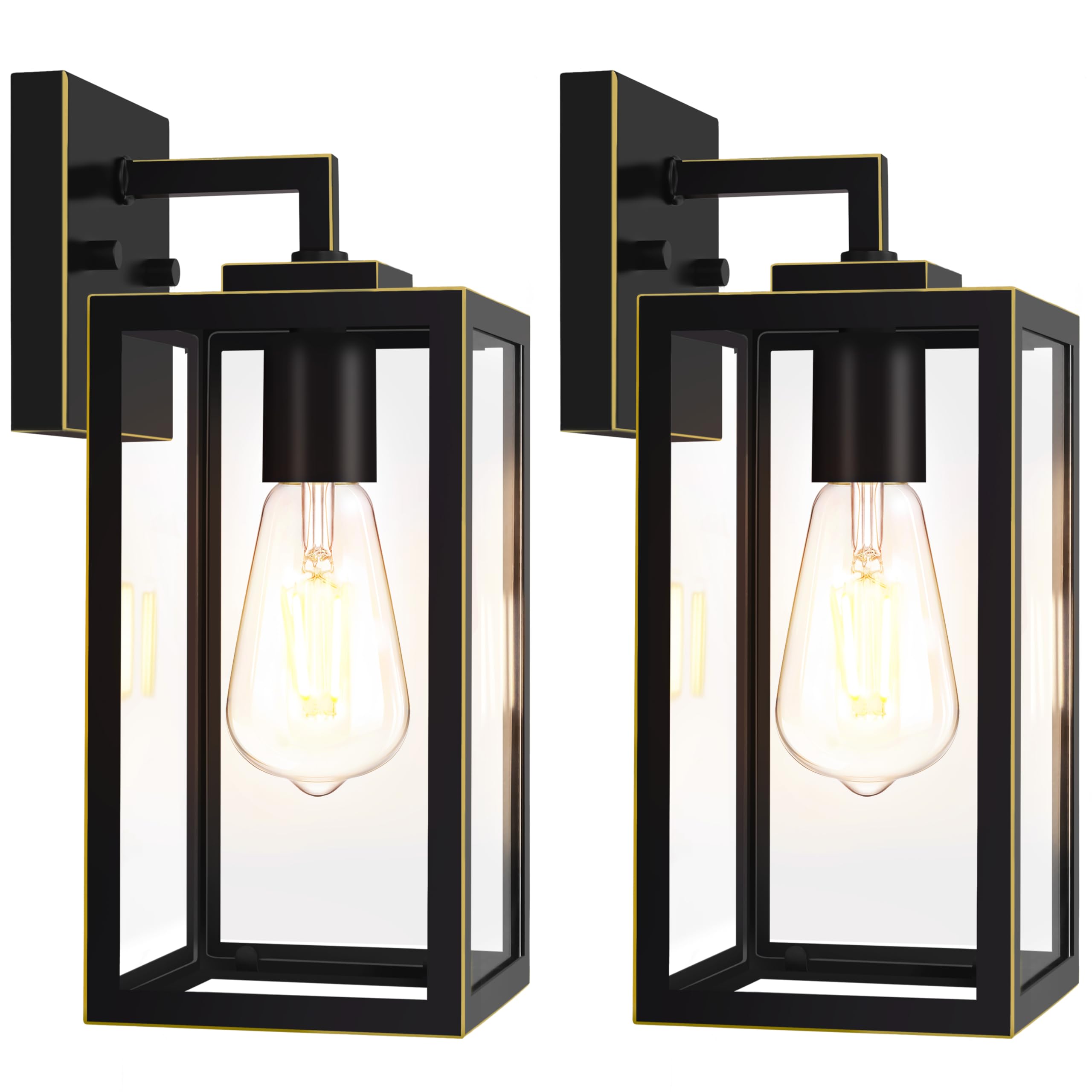 imizdlum Outdoor Wall Light Fixture, Black Exterior Lantern with Clear Tempered Glass for Front Porch, Gold Trim Design, 2-Pack, E26 Base, Lanterns for Lighting, Lights for Wall mounting