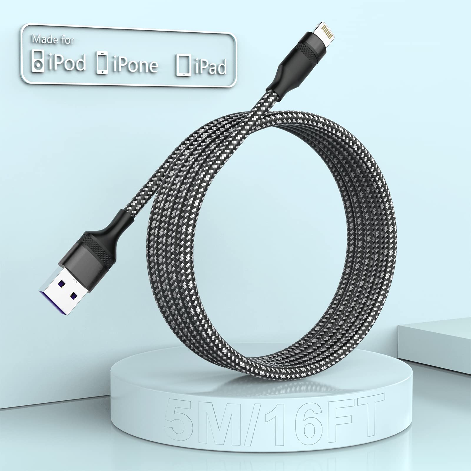 iPhone Lightning to USB Cable - 5m/16ft, MFi Certified, Fast Charge for Apple iPhone 14/13/12/11/XS/XSMax/XR/X/8/7+/6/6s+/SE/Pad/Pod