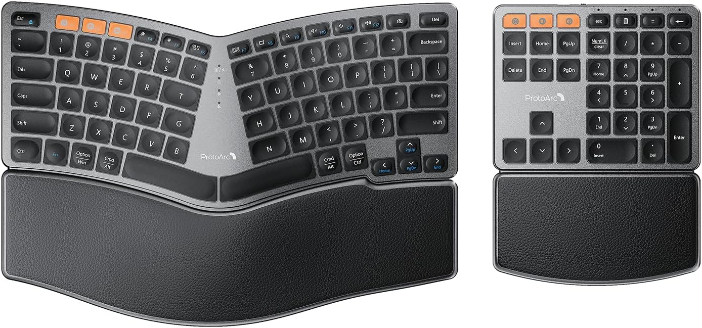 ProtoArc Bluetooth Ergonomic Keyboard, Wireless Ergonomic Keyboard with Separate Number Pad, Dual Bluetooth and USB, Hard Palm Rest, Split Design, Rechargeable for Windows/Mac/Android
