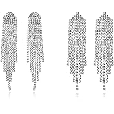 Luxval Rhinestone Earrings Dangling for Women Sparkly Silver Dangle Earrings Girls Long Chandelier Earrings Tassel Lightweight Ear Studs Cubic Zirconia Crystal Statement