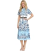 LAI MENG FIVE CATS Women's Short Sleeve Floral Print Button up Casual A-line Flowy Midi Dress