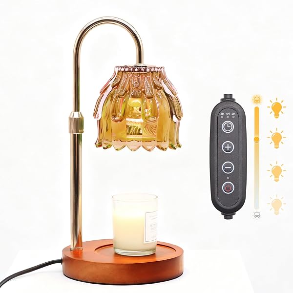 CANDLE WARMER LAMP WITH TIMER AND DIMMER 4-LEVEL DIMMABLE FLOWER LIGHT HEAT LAMP FOR JAR CANDLES ADJUSTABLE HEIGHT MODERN CUTE HOME DECOR FOR LIVING ROOM BEDROOM AND BEST GIFT FOR FRIENDS LOVER. GOLD
