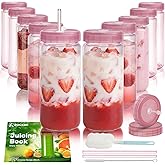 Ruckae 16oz 10 Pack Glass Juice Bottles with Dual Scale, Reusable Glass Bottles with Hole Lids and Straws Mason Jar for Juicing, Smoothies, Kombucha - Water Bottle for Fridge or Gym (Pink)