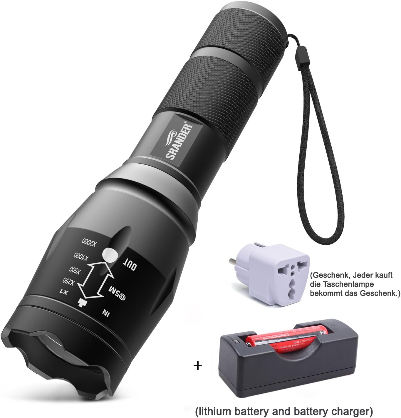 SRANDER LED Torch Outdoor Tactical Flashlight Torch Zoomable Rechargeable XML Cree L2 1200 Lumens, 5 Modes,for Hiking, Cycling, Camping& Activities(included battery and Charger)