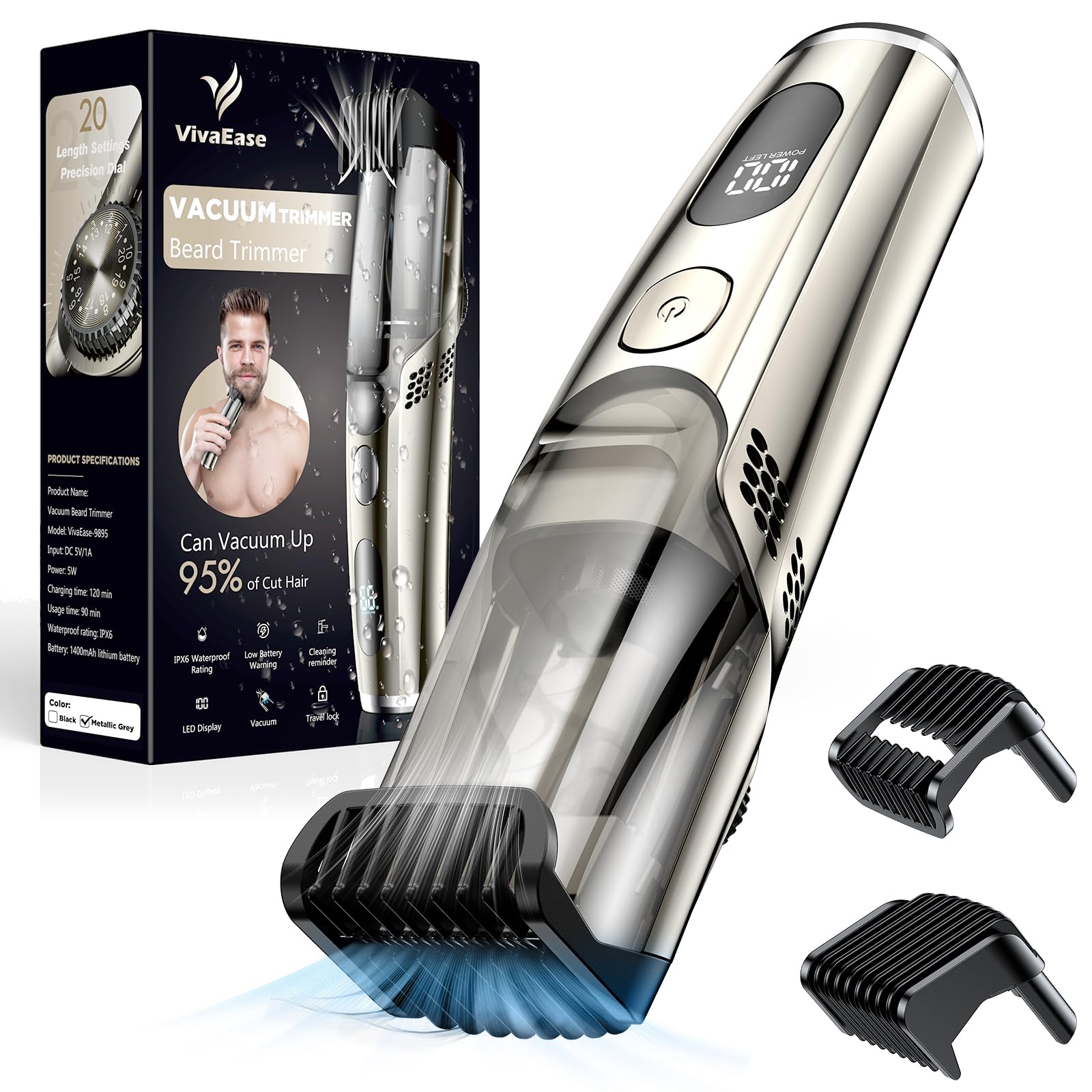 Photo 1 of VivaEase Vacuum Beard Trimmer for Men, New Version Adjustable Precision Trimming Length with 2 Comb, Electric Cordless Vacuum Trimmer for Beard, Waterproof and Rinses Easy, Blades for Skin fit