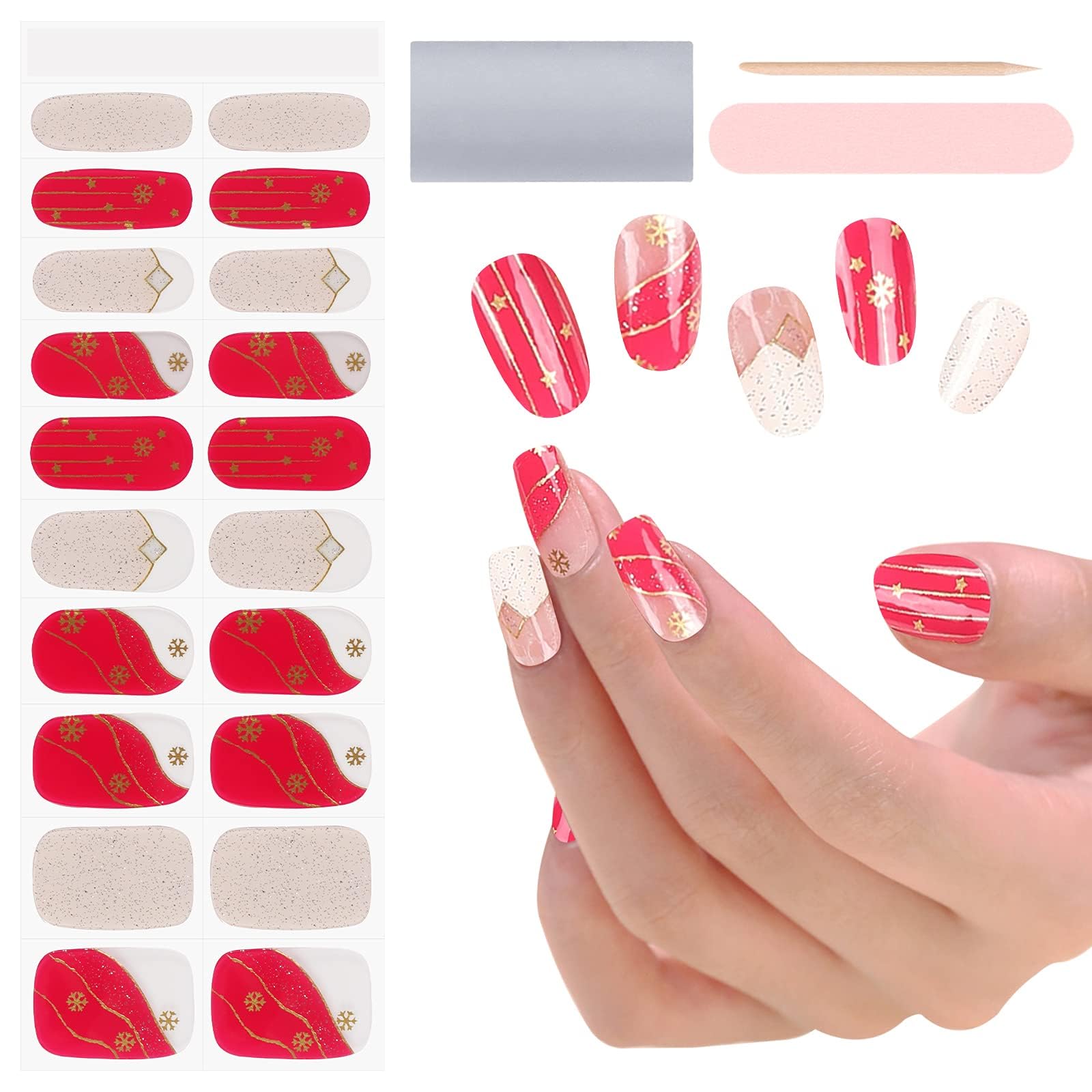 EBANKU Christmas Semi Cured Gel Nail Strips, 20PCS Christmas Gel Nail Stickers Long Lasting & Easy to Apply & Remove for Salon Quality Manicure| Red Star Snowflake