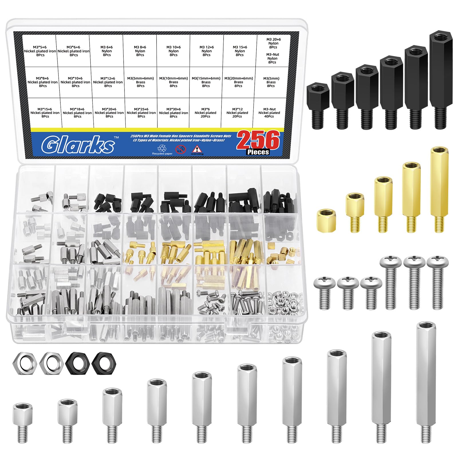 Glarks 256pcs M3 Carbon Steel & Nylon & Brass Standoff Set Hex Mount Spacer Motherboard Spacer Male-Female Spacer Standoff with Pan Head Screw Nylon Screw Nut and Hex Nut for PCB, Quadcopter Drone