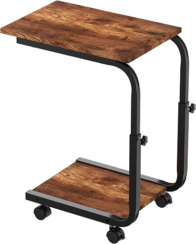 SIMPDIY Adjustable Side Table with Wheels Rustic Brown Heavy Duty Iron