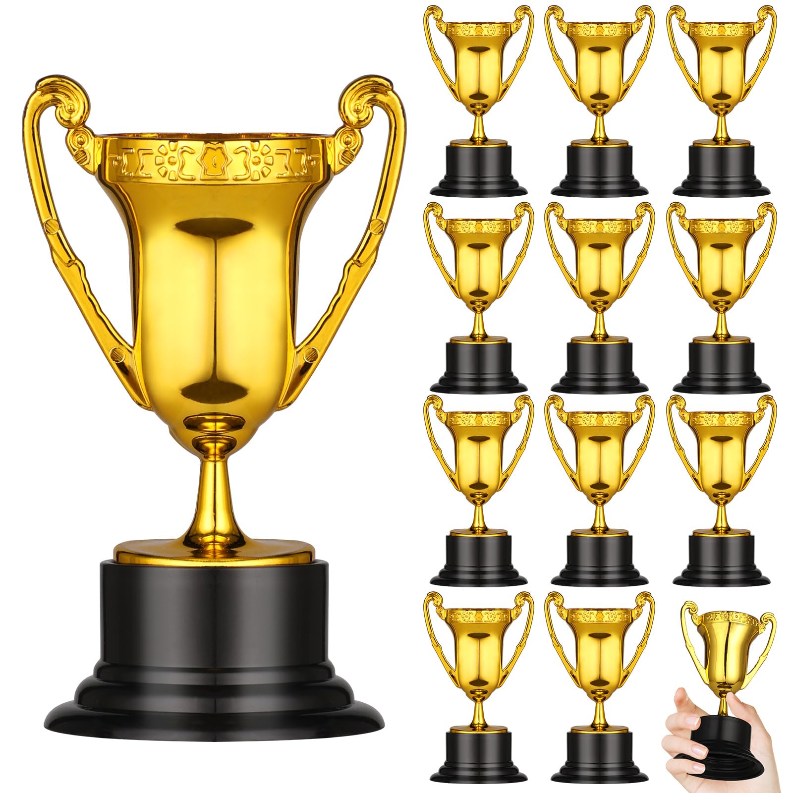 GeeRic 12PCS Mini Trophies Gold Trophy Plastic with Base Trophy Cups Winner Medals for Party Decoration/Competition/Sports/Activity/School Award/Party Favors