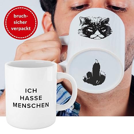 Premium 'Ich hasse Menschen' Tasse mit Katzen-Motiv, bruchsicher verpackt ? witzige weiße Kaffee Katzen-Tasse, lustiges Gesch