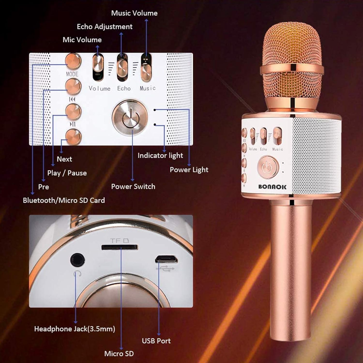 BONAOK Wireless Bluetooth Karaoke Microphone,3-in-1 Portable Handheld Karaoke Mic Speaker Machine Christmas Birthday Home Party for Android/iPhone/PC or All Smartphone(Q37 Rose Gold): Musical Instruments