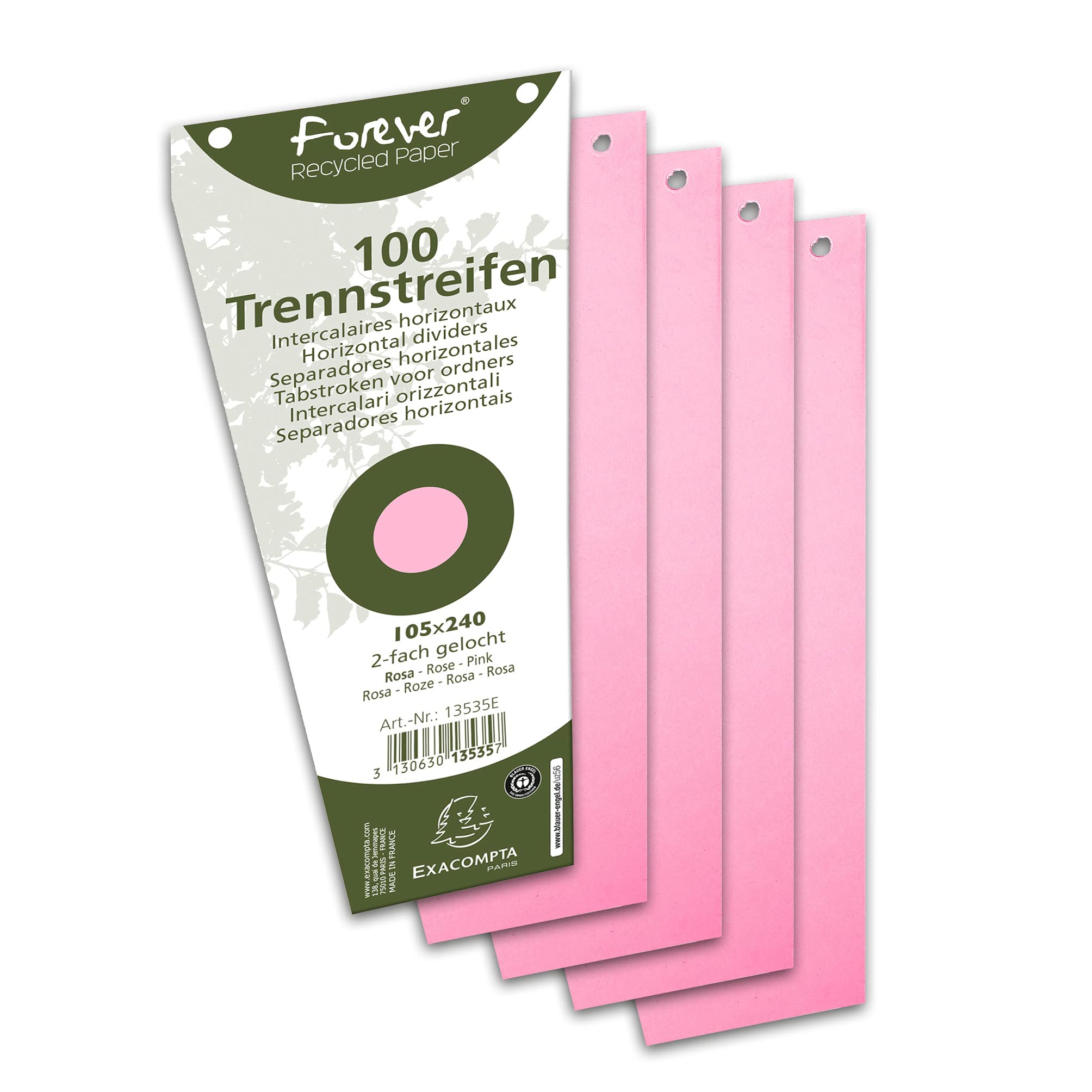 Exacompta - Ref 13535E - Forever Collection - Recycled Punched Card Dividers - 105 x 240mm, Pre-Punched for Folders or Files, Plain Recycled 180gsm Card - Pink (100 Pack)