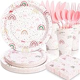 Gudvilla Boho Rainbow Birthday Decorations for Girl, 168Pcs Rainbow Plates and Napkins Party Supplies, Rainbow Party Plates Serve 24, Rainbow Baby Shower for 1st 3rd 4th 5th Girl Birthday Decorations