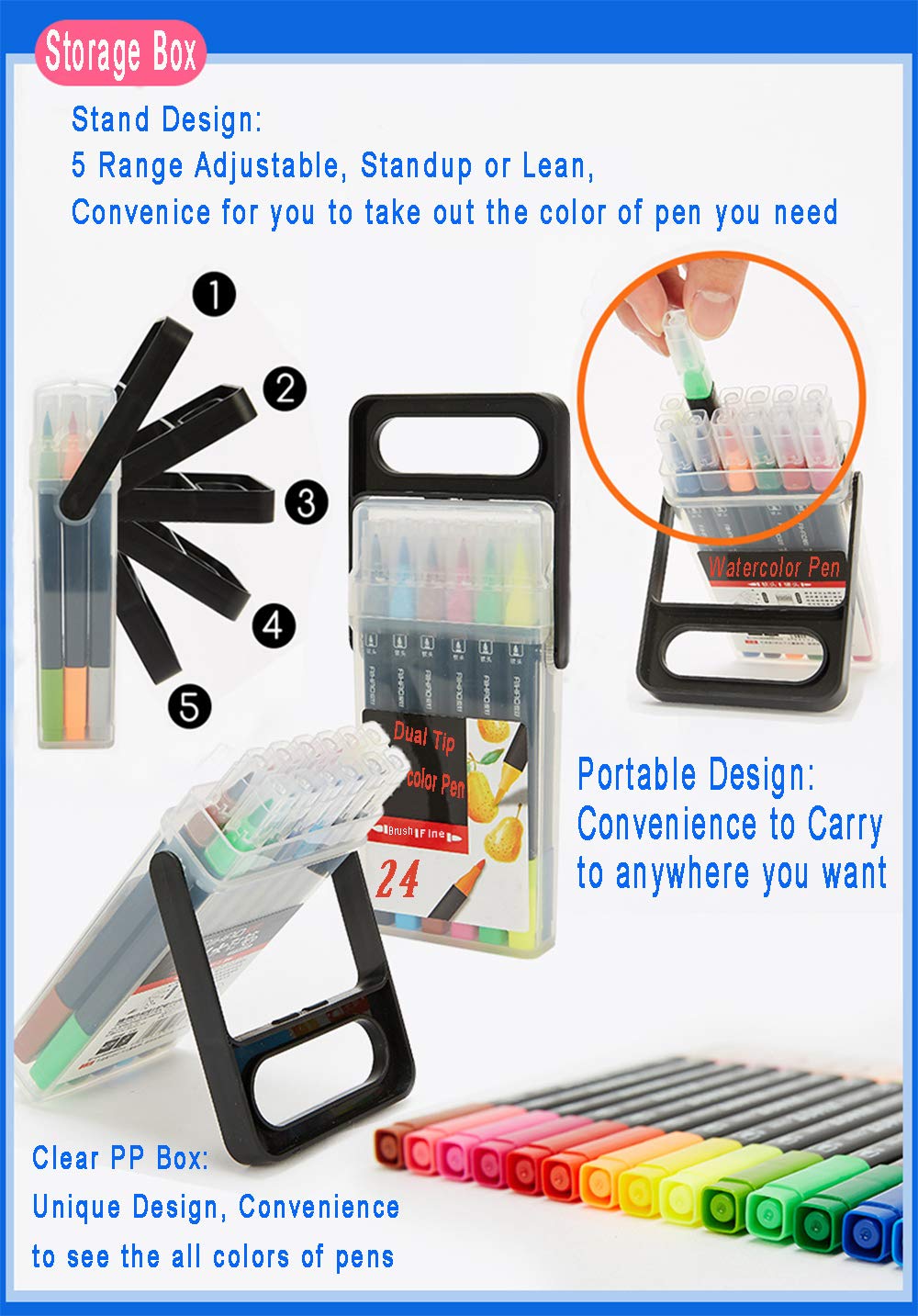 Dual Tip Markers for Kids, Washable Markers Set, Art Marker with Stand Portable Box, Gift For Kids (24 Colours)