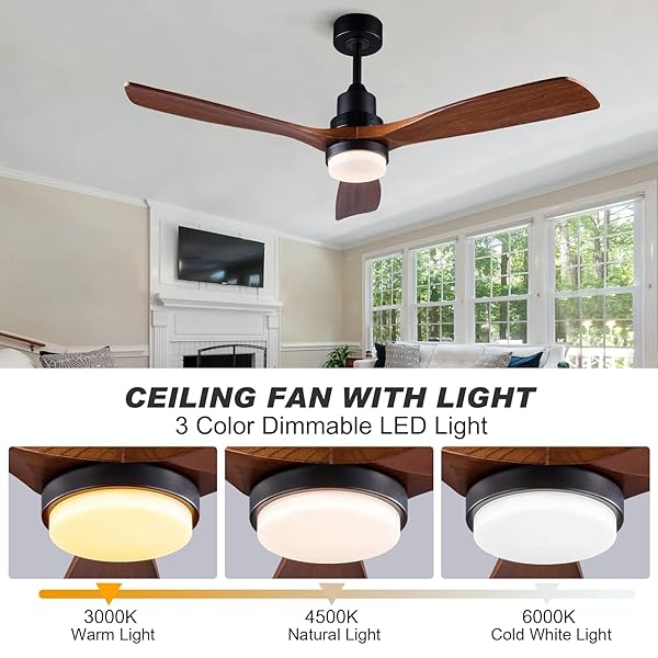 XBIBI 52 INCH CEILING FAN WITH LIGHTS REMOTE CONTROL, 3 BLADE WOOD CEILING FAN,QUIET DC MOTOR MORDERN CEILING FAN, INDOOR OUTDOOR CEILIANG FANS FOR PATIOS BEDROOM LIVING ROOM