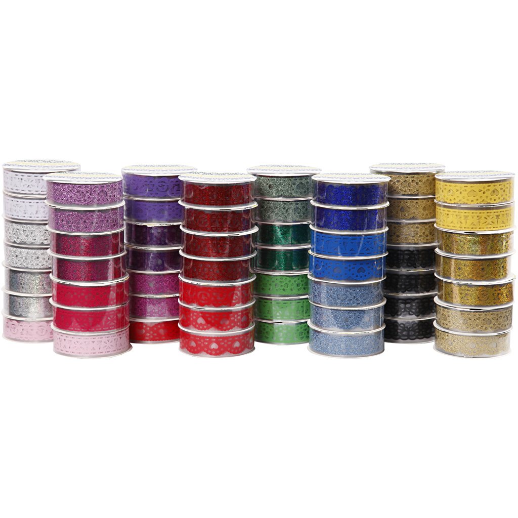 Lace Tape Assortment, W: 15 mm, asstd colours, 56x3m