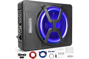 ALIESTFDNO 10 Inch 800W Under Seat Car Subwoofer Bass Active Stereo with Multi Colors Ambient Lighting,Built-in Car/Truck Audio Amplifier & with Wiring Kit, Remote ControI and Enclosure Black