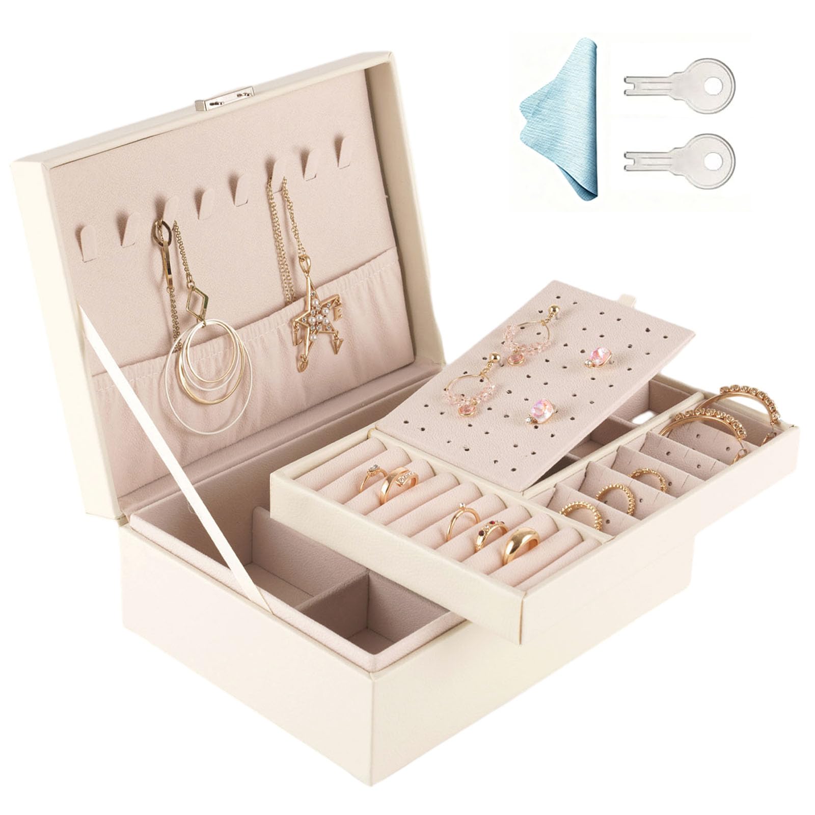 LeeFyy Gifts for Women - Jewellery Organiser, 2 Layer PU Leather Jewellery Box with 2 Key, Jewelry Box for Women, Jewellery storage Organiser for Necklace Earrings Bracelet Ring Accessories