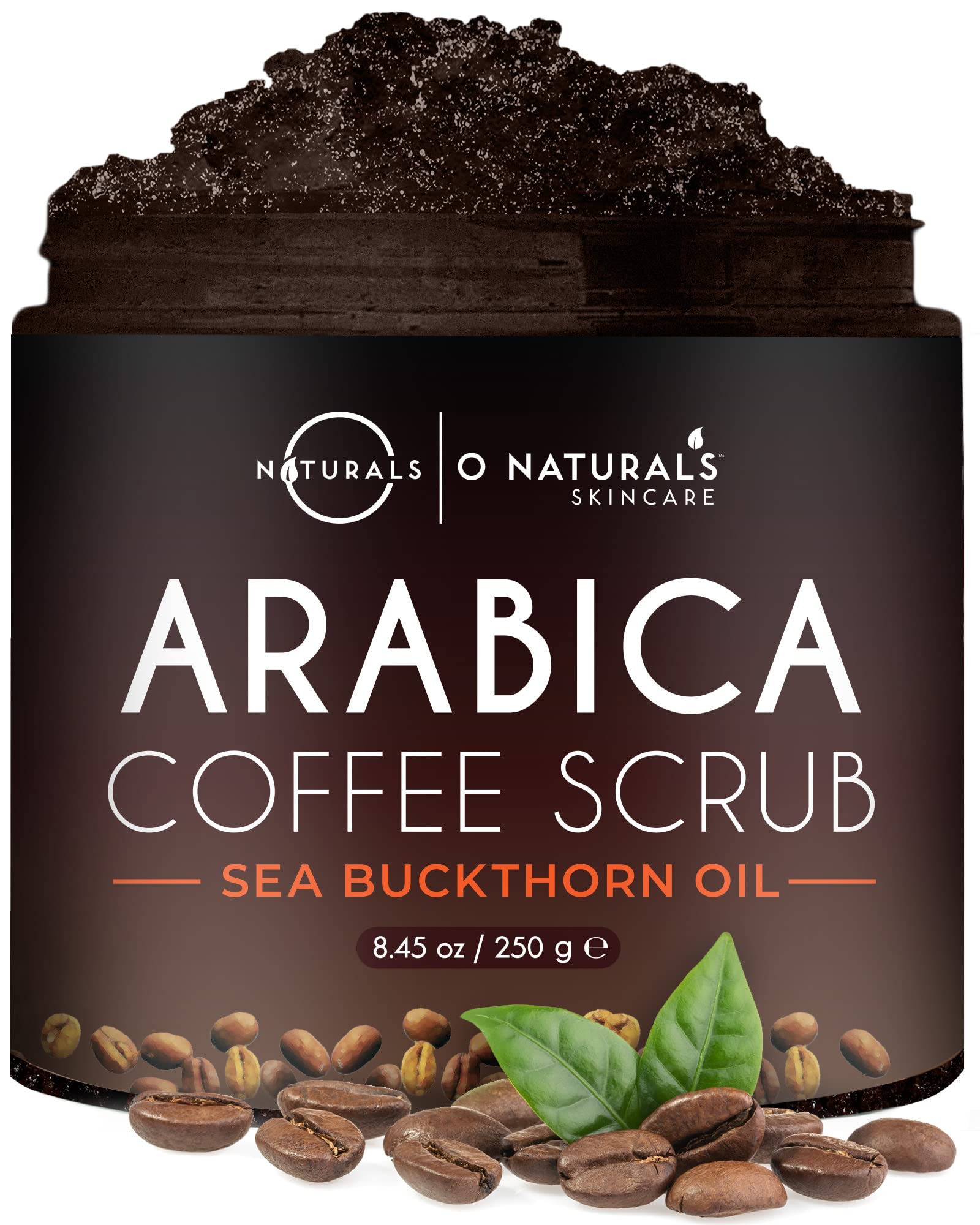 O Naturals Coffee Arabica Exfoliating Dead Sea Salt Body Scrub. 100% Natural Detoxifying, Battles Cellulite, Wrinkles, Stretch Marks & Varicose Veins. Enriched w/Sea Buckthorn. Vegan 250 ml