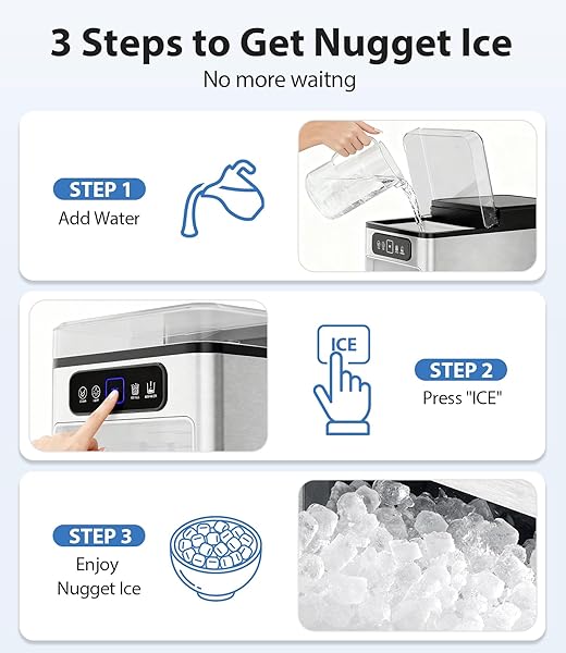 SENCRE NUGGET ICE MAKER 40LBS/DAY, COUNTERTOP ICE MAKER SOFT CHEWABLE ICE, ICE MAKERS ONE-CLICK & SELF-CLEANING, CRUSHED PELLET ICE MACHINE WITH SCOOP&BASKET FOR HOME/KITCHEN/OFFICE, STAINLESS SILVER
