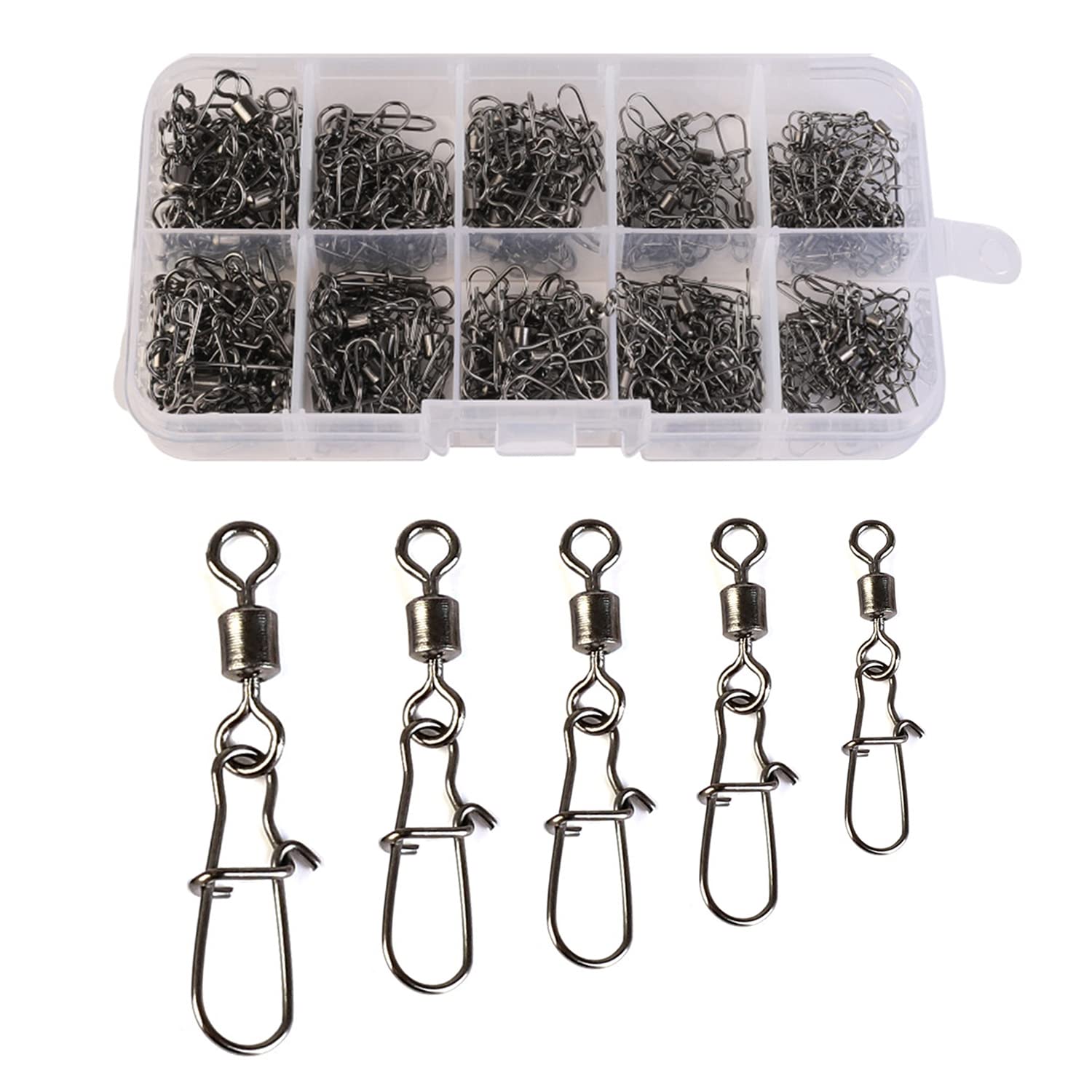 CRAZY SHARK 210PCS Fishing Swivels Snaps Rolling Barrel Swivel With Safety Snap Interlock Snaps, Stainless Steel Solid Fishing Swivels Saltwater Freshwater Snap Connector