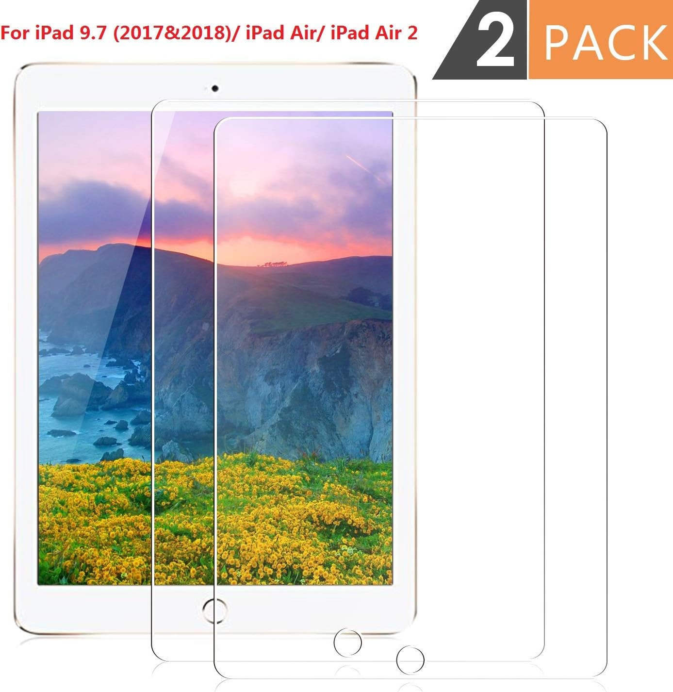[2 Pack] iPad Air 2 / iPad Pro 9.7 / iPad Air/iPad 9.7 2017&2018 Screen Protector,DETUOSI iPad 9.7 Screen Protector,Clear High Definition Tempered Glass Screen Protector for iPad 9.7 inch (iPad 9.7)