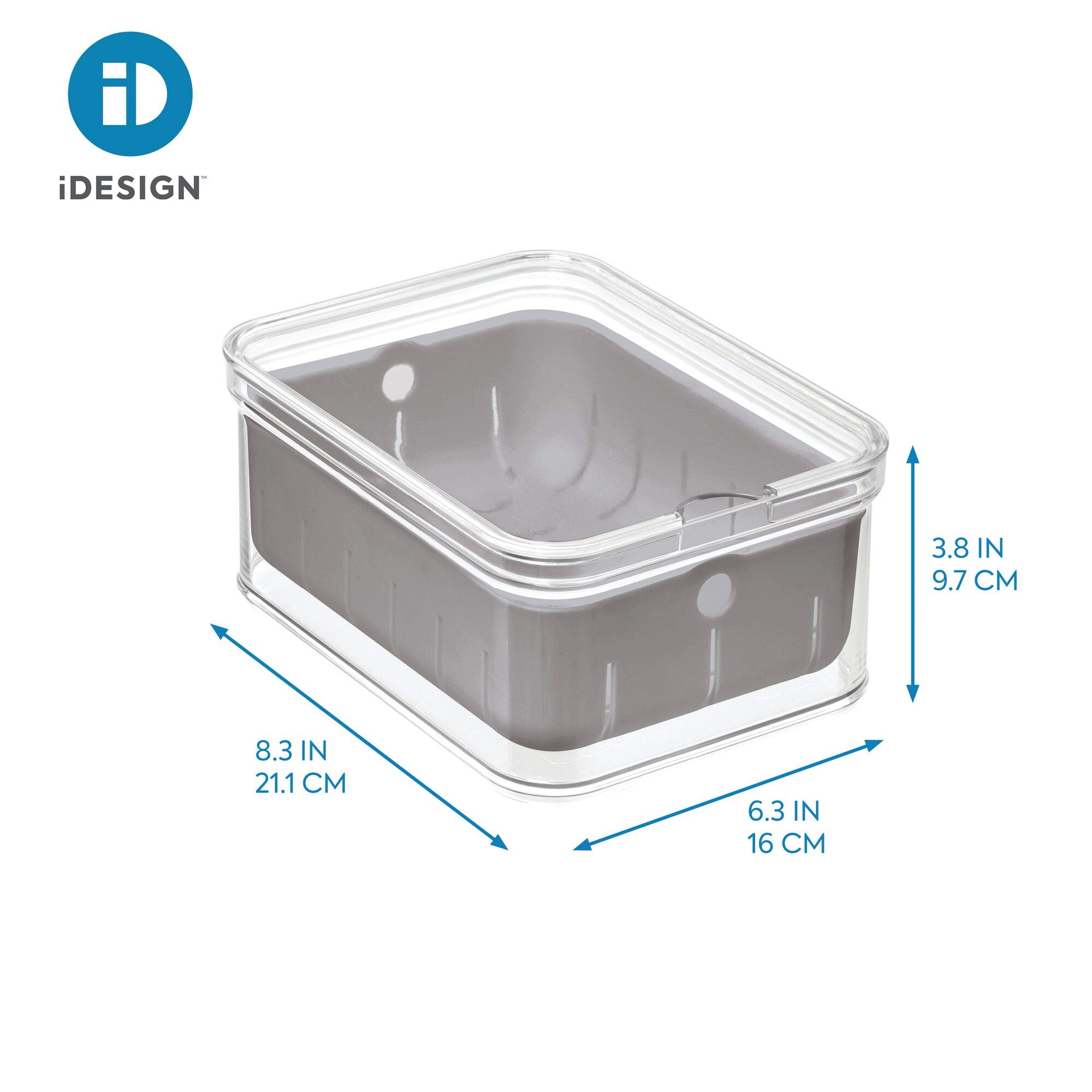 iDesign Recycled Plastic Crisp Produce Storage Containers with Lid and Colander Basket Designed to Keep Food Fresh Longer, 8.32” x 6.32” x 3.76”, Clear/Gray