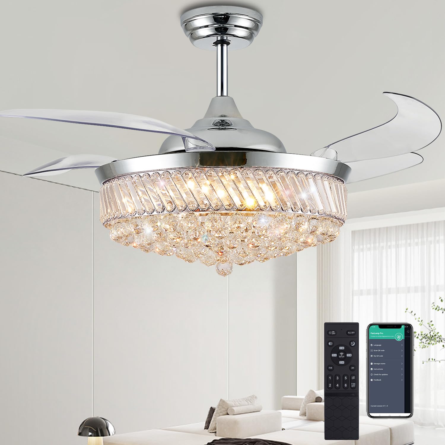 Photo 1 of PAFRUMGE 52" Dimmable Fandelier Crystal LED Ceiling Fans with Lights and Remote Chandeliers Ceiling Fan for Bedroom,Dining Room,Living Room (Chrome, 52 in)