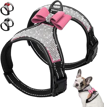 Strass Harnais Pour Chien Pas De Tirage Réfléchissant Bling Gilet En Nylon Pour Chien Avec Strass Nœud Papillon Pour Petits Chiens De Taille Moyenne