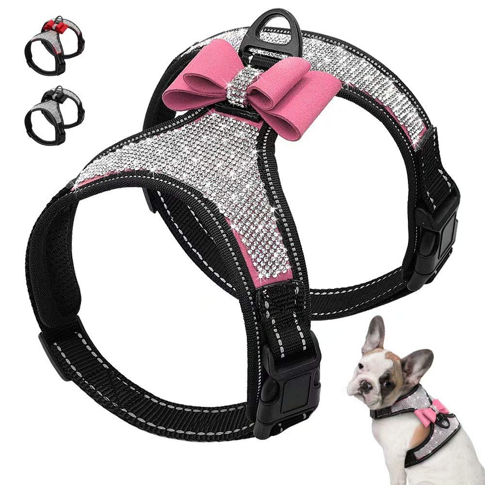 Beirui Soft Fleece Padded Dog Harness for Small Medium Dogs - Cute Rhinestone Dog Vest Harness with Sparkly Bow Tie - Reflective Safety Pet Puppy Harness for Walking and Party (Pink,S:Chest 11-14")