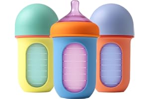 Boon Nursh Reusable Silicone Pouch Baby Bottles - Medium Flow Nipple - Silicone Baby Bottle Pouch and Nipple - Baby Feeding Essentials - Color Block - 3-6 Months - 3 Count - 8 Ounce