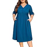 AMCLOS Womens Plus Size Dress V-Neck Elegant Cable Crossover Flowy 2 Pockets Roll up Long Sleeve Casual Party Maxi Dresses